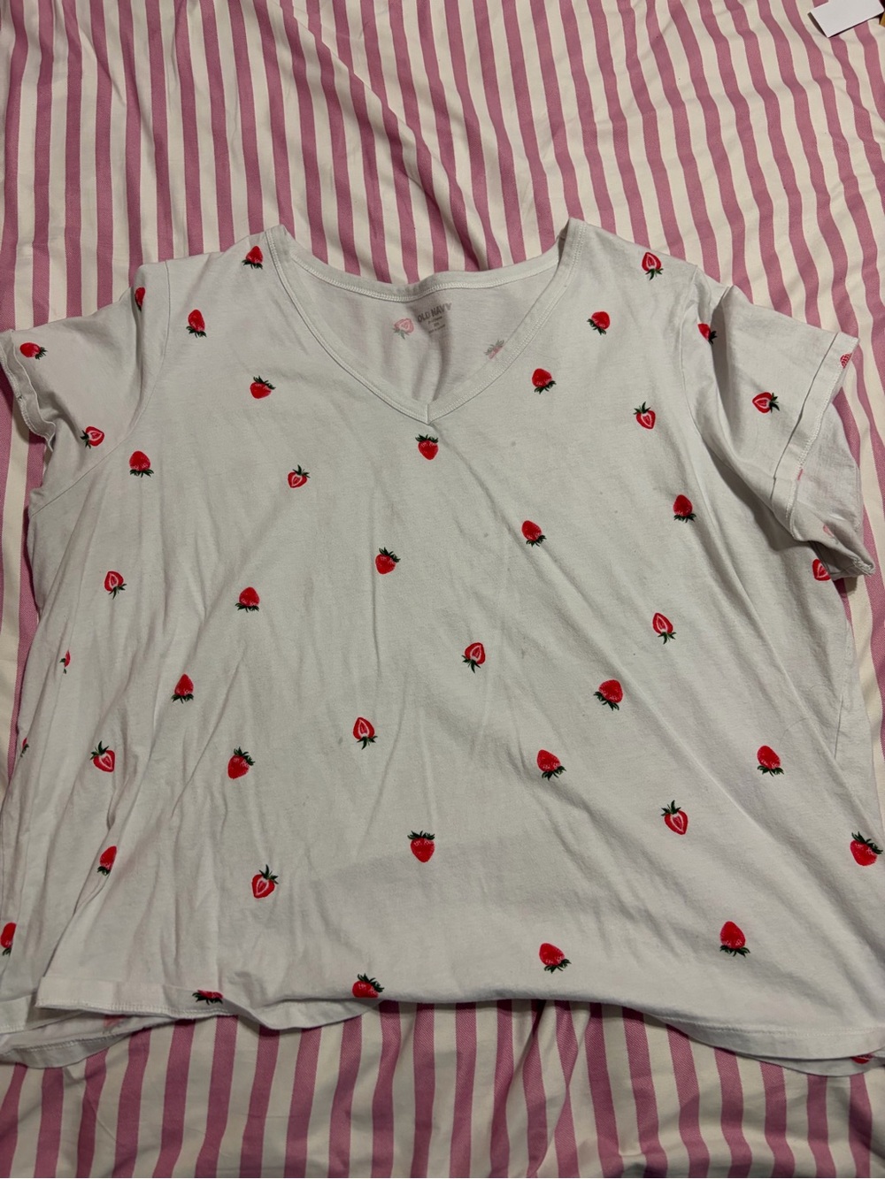 Old Navy White V-Neck Tee with Red Strawberry Print